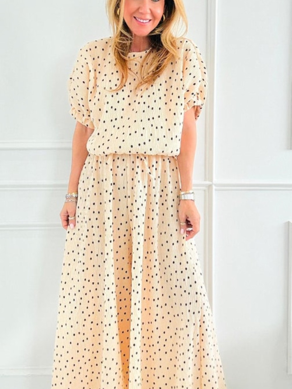 Cream & Black Polka Dot Palazzo Pant Set - L